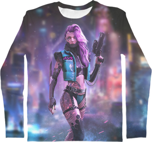 Kids' Longsleeve Shirt 3D - Cyberpunk Girl Portrait - Mfest