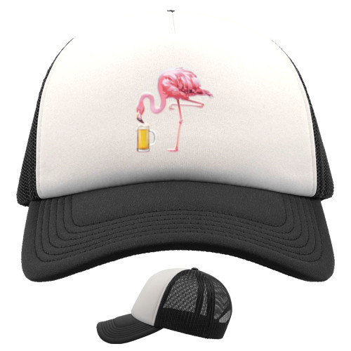 Flamingo drinks beer