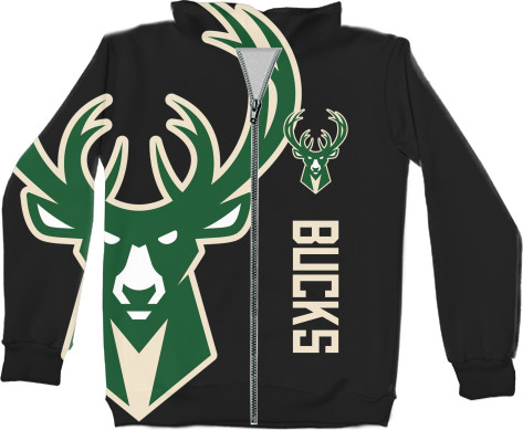 Kids' Zip-through Hoodie 3D - Milwaukee Bucks 2 - Mfest