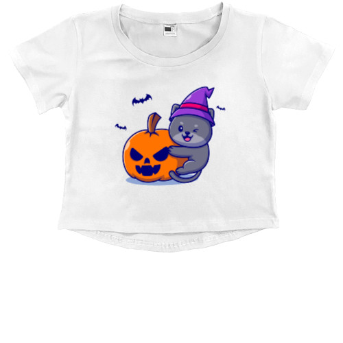 Kids' Premium Cropped T-Shirt - Кіт з гарбузом - Mfest