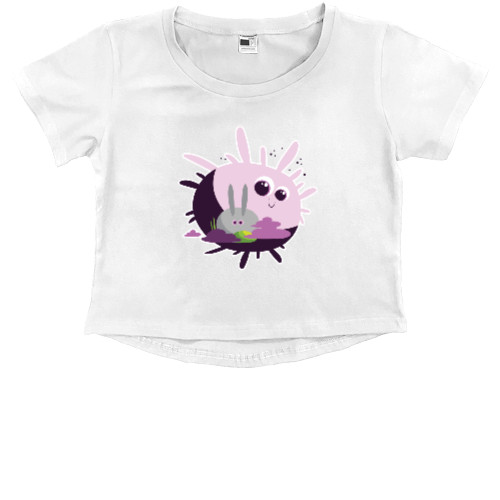 Kids' Premium Cropped T-Shirt - CARTOON BUBBLEGUM RABBIT WITH SUN / МУЛЬТЯШНЫЙ КРОЛИК НА СОЛНЦЕ - Mfest