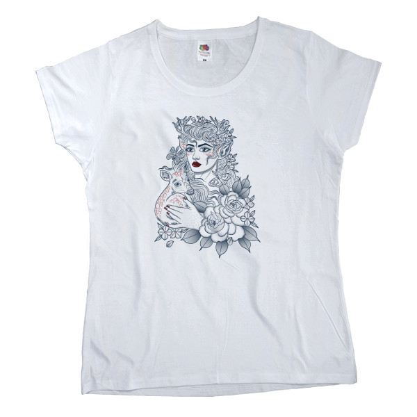 Women's T-shirt Fruit of the loom - лесная женщина с маленьким оленем на руках - Mfest