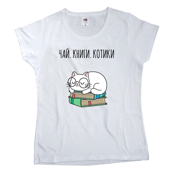 Women's T-shirt Fruit of the loom - tea books cats - Mfest