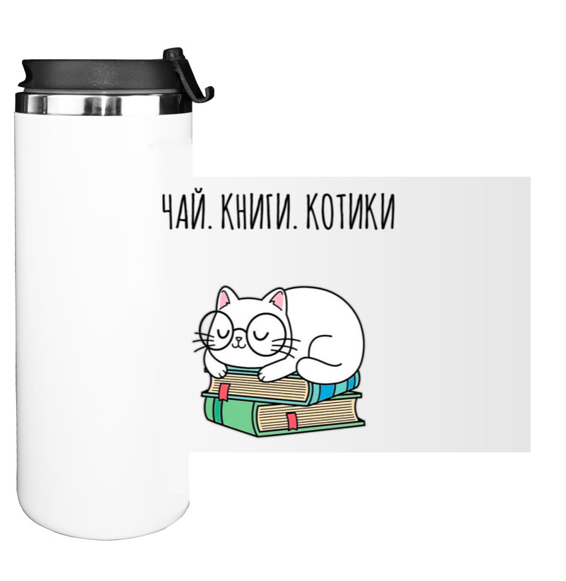 Water Bottle on Tumbler - tea books cats - Mfest