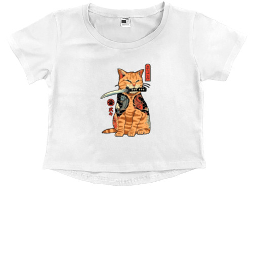 Kids' Premium Cropped T-Shirt - samurai cat |samurai cat (2) - Mfest