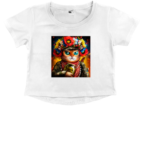 Kids' Premium Cropped T-Shirt - Ukrainian cat with a jar of cucumbers - Mfest