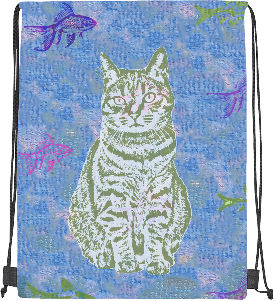 Drawstring Bag - cat with fish - Mfest