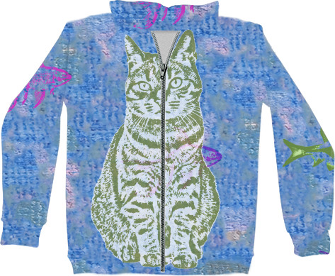 Kids' Zip-through Hoodie 3D - cat with fish - Mfest