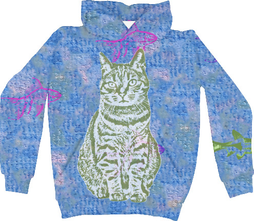 Kids' Hoodie 3D - cat with fish - Mfest