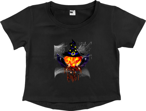 Women's Cropped Premium T-Shirt - Happy Halloween scary pumpkin wizard - Mfest