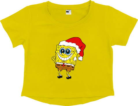 Women's Cropped Premium T-Shirt - SpongeBob in a Christmas hat - Mfest