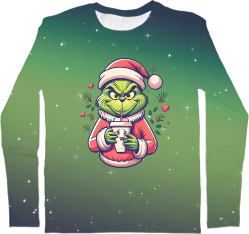 Men's Longsleeve Shirt 3D - Grinch with a cup - Mfest