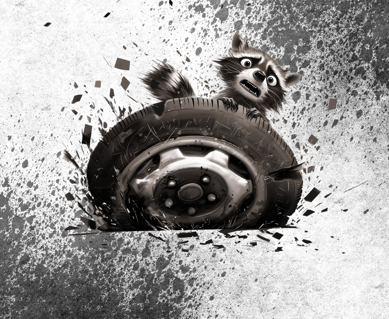 Raccoon with a wheel