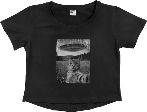 Women's Cropped Premium T-Shirt - Cat & UFO - Mfest