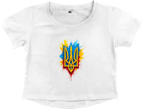 Women's Cropped Premium T-Shirt - Герб України з плямами фарби - Mfest