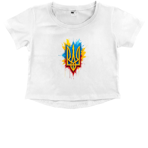 Kids' Premium Cropped T-Shirt - Герб України з плямами фарби - Mfest